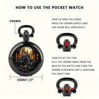 Vintage Black Motorcycle Quartz Pocket Watch, Necklace Pendant With World Time Feature,  Ideal Gift For Men & Women and Kids Quick Pick Grocers