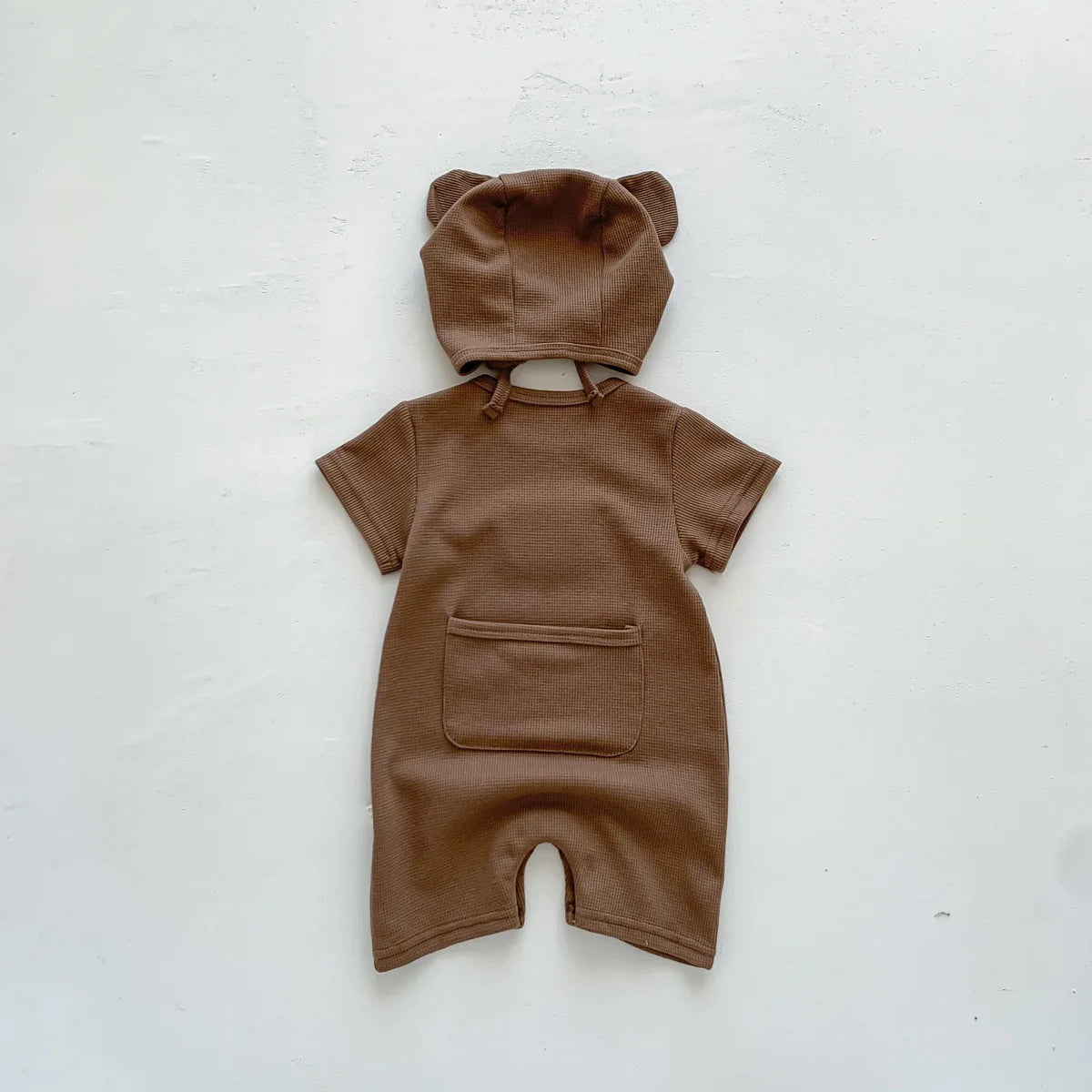 New In Summer Kids Baby Girls Boys Short Sleeve Waffle Patch Bear Infant Newborn Jumpsuits Cotton Romper Gift Hat with Ear Econic Blanks