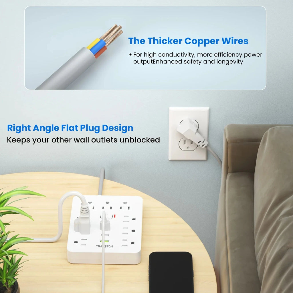 Power Outlet with Surge Protector, 9 sockets 3 USB Ports,5ft Extension Cord, Quick Charge, For Home and Office,White Econic Blanks
