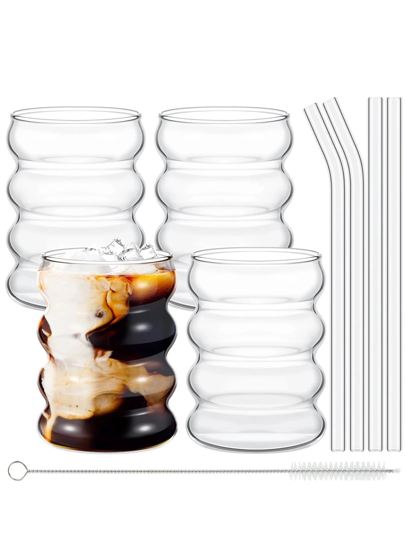 Leeseph 4Pcs Creative Glass Cups Coffee Mug Vintage Drinking Glasses Ribbed Glassware Aesthetic Cups with Straws Set Quick Pick Grocers