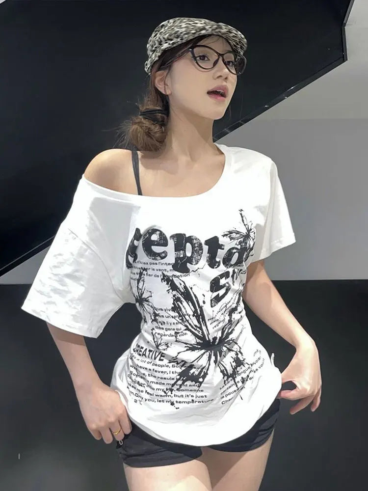 White Y2k Vintage Oversize Off shoulder Short sleeve T shirt With Print Women Casual Graphic Summer Top Butterfly Tees Quick Pick Grocers