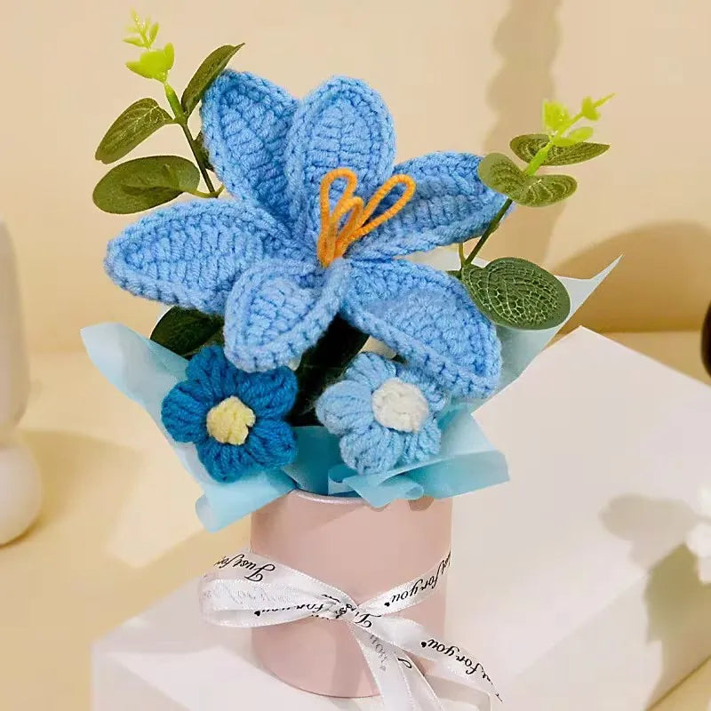 Knitted Flower Bouquet Crochet Rose Flowers Hugging Bucket New Year Gifts Living Room Desk Decoration Mother's Day Gift Quick Pick Grocers