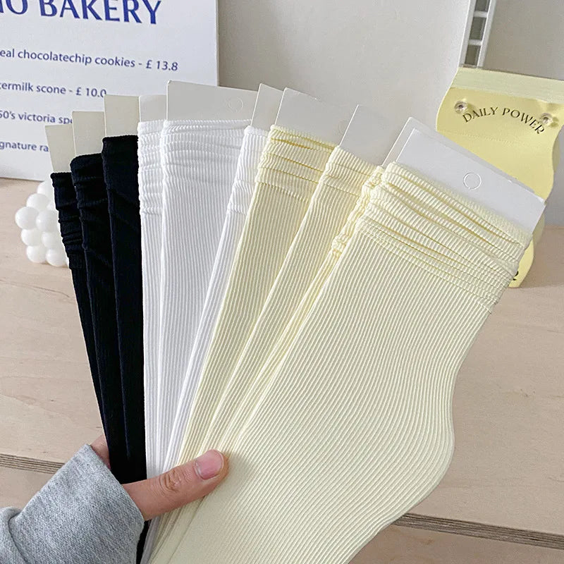 INS Women Girls Summer Thin Long Socks Ice Velvet Soft Breathable Pile of Socks Solid Black White Beige Harajuku High Tube Socks Quick Pick Grocers