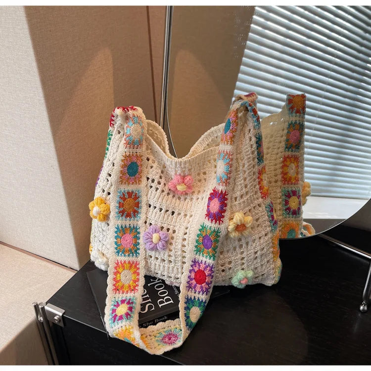 Women's Boho Crochet Bag Designer Flowers Knitted Handbags Large Capacity Summer Beach Woven Shoulder Bag Girls Tote Shopper Bag Quick Pick Grocers