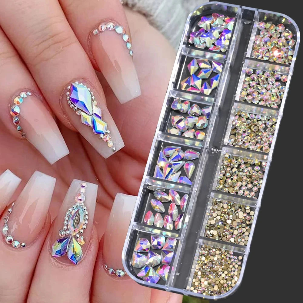 12Grids SS6-SS30 Mixed Nail Rhinestones Shiny Clear/Gold/Pink/Blue Diamond Flat-back Nail Gems Glass Stones Nails Decoration Econic Blanks