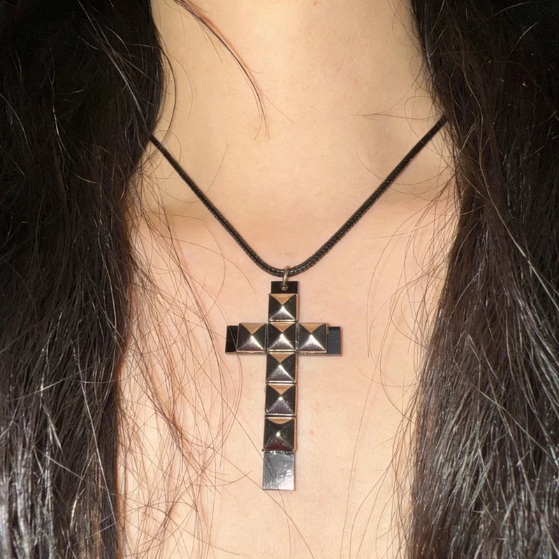 Punk Jewelry Rivet Cross Pendant Necklace for Women Cool Accessories Grunge Rock Fashion 90s Aesthetic Necklace Goth Quick Pick Grocers