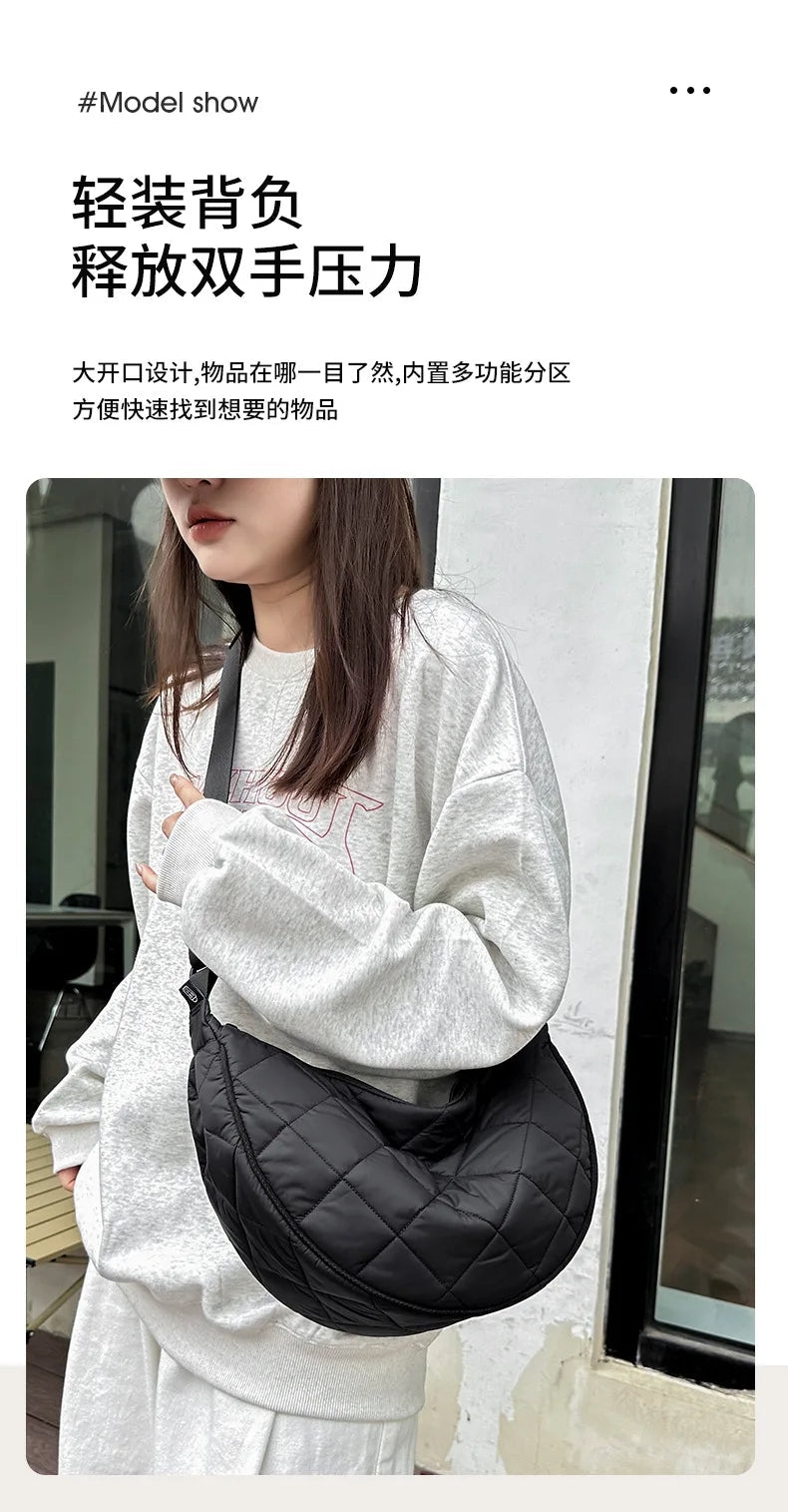 Waist Half Moon Belt Bag Solid Color Crossbody Bag Large Capacity Shoulder Bags Portable Nylon Plaid Travel Bags for Commuting Quick Pick Grocers