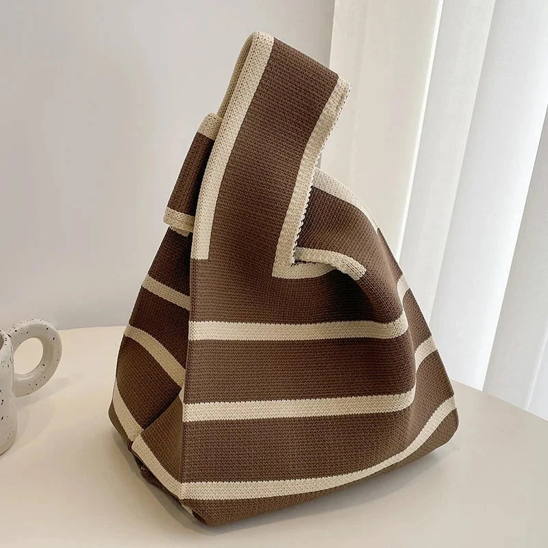 Women Handmade Knitted Small Handbag Casual Wrist Bag Wide Stripe Stripe Shopper Mini Tote Student Reusable Shoulder Bag Econic Blanks
