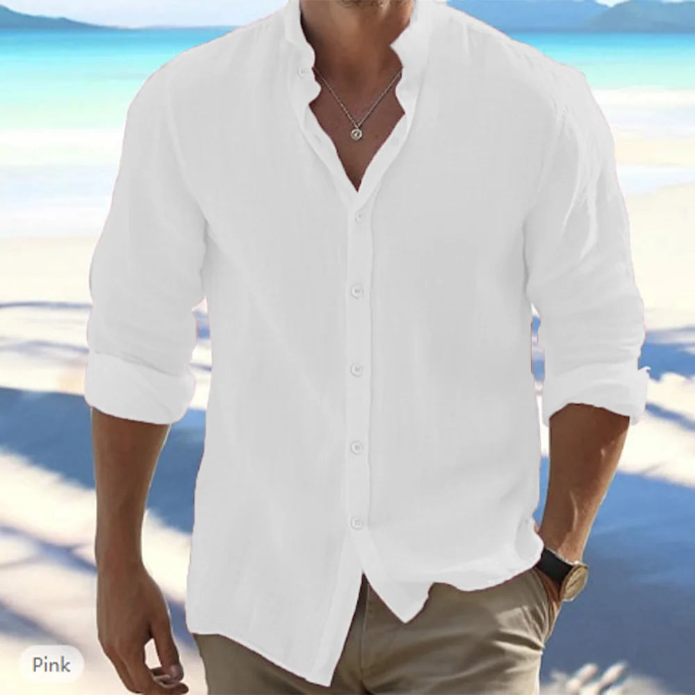 Cotton Linen Hot Sale Men's Long-Sleeved Shirts Summer Solid Color Stand-Up Collar Casual Beach Style Plus Size Quick Pick Grocers