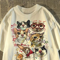 American Retro Fun Cartoon Cat Print Short-sleeved T-shirt Women's Summer Loose Top T-shirt Graphic T Shirts Women Clothing Y2K Quick Pick Grocers