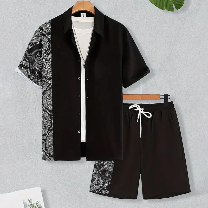 2024 New Men's Summer Holiday Suit Retro Textured Printed Border Shirt Short Sleeve Shorts Two Piece Men's Breathable Pool Suit Quick Pick Grocers