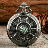 Vintage Black Compass Design Quartz Pocket Watch, With Necklace Pendant, World-Time Feature, Pointer Display Pocket Watch Quick Pick Grocers