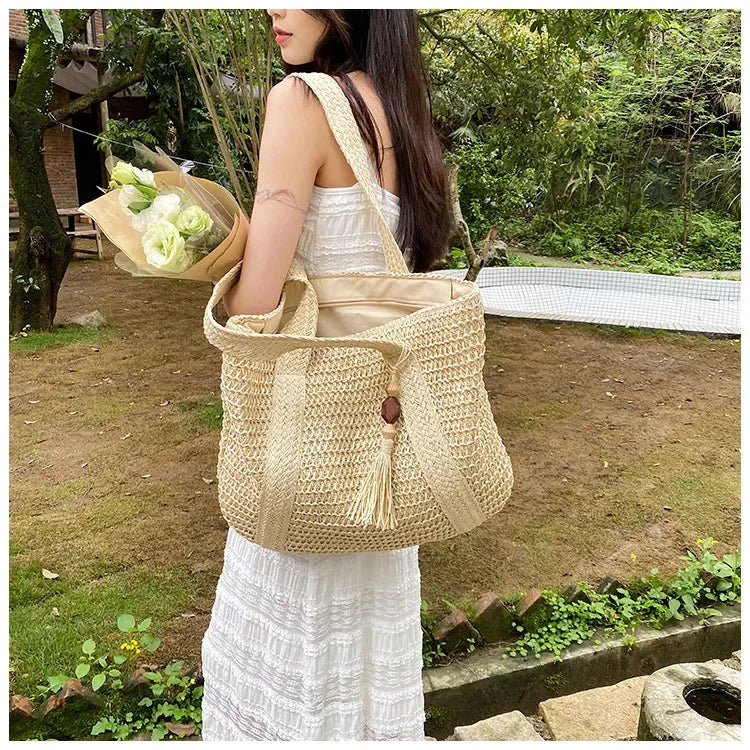 Elegant Ladies Straw Woven Handbag Women Holiday Beach Commute Casual Tote Top-Handle Bags Fashion Retro Shoulder Bags 2024 Quick Pick Grocers