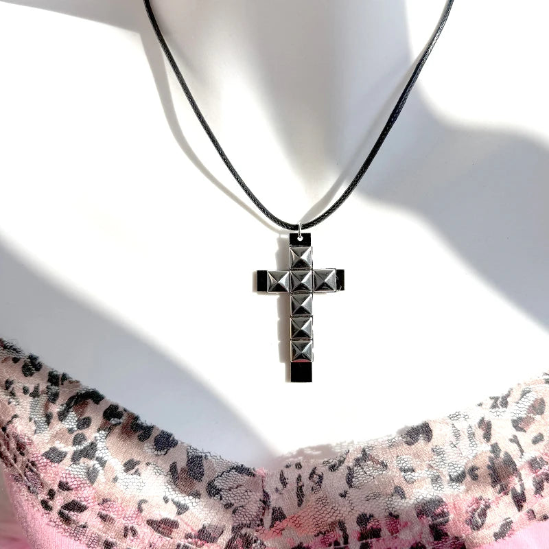 Punk Jewelry Rivet Cross Pendant Necklace for Women Cool Accessories Grunge Rock Fashion 90s Aesthetic Necklace Goth Quick Pick Grocers