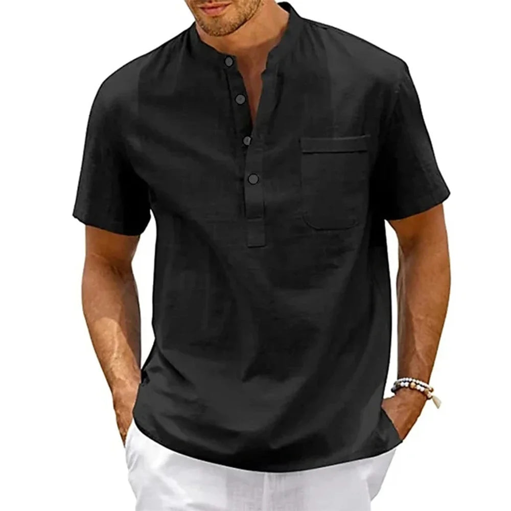 Cotton Linen Shirt Men Henley Neck Pocket Casual Beach Short Sleeve Solid Color Male Tops T-shirts Vintage Streetwear Quick Pick Grocers