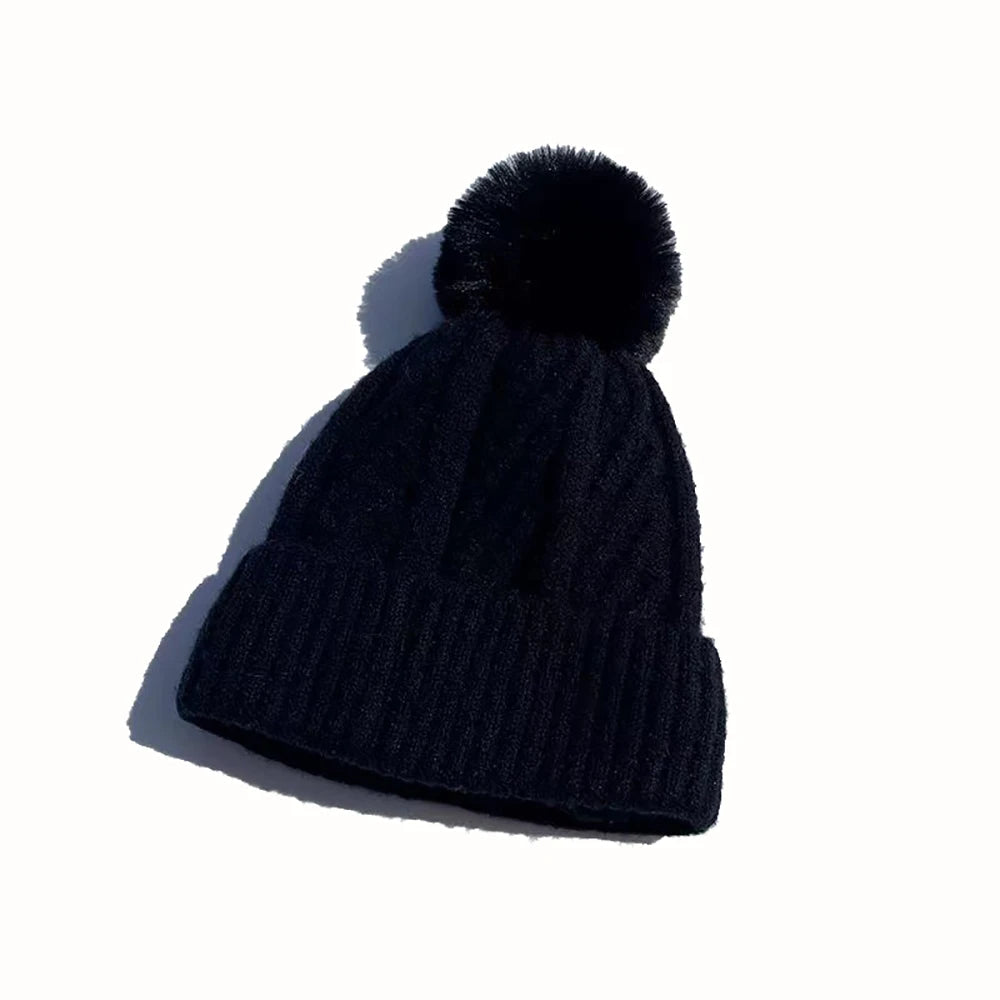 New Winter Twist Knitting Hat For Women Fur Pompom Thick Plush Cap Beanie Solid Color Ladies Warm Ski Snow Skullies Beanies Purest Peak