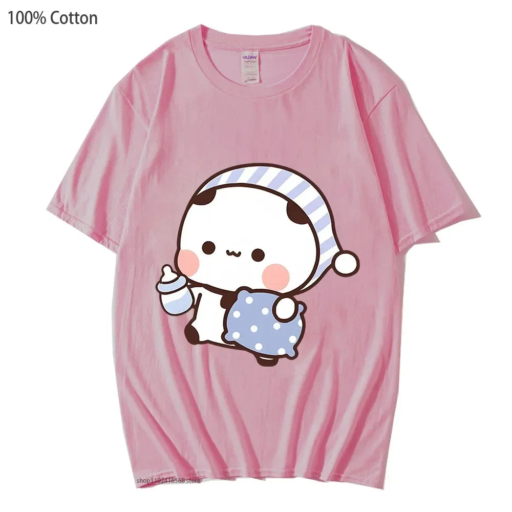 Couple Shirts Kawaii Cute BuBu Panda Going To Sleep with DuDu Bear Graphic Tshirt Cotton Men Women Clothes Long Sleeve Tees Quick Pick Grocers