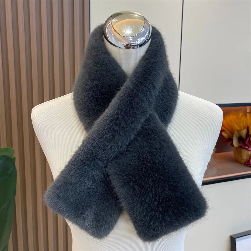 Women Winter Warm Thicken Cross Collar Scarf Solid Color Faux Rabbit Fur Cold Proof Scarves Fashion Soft Furry Neck Warmer Quick Pick Grocers