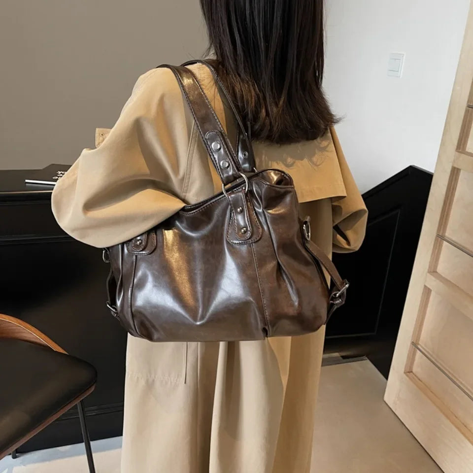 Retro Brand Roomy Shoulder Bag Female Luxury Solid Color Classic Crossbody Bag Large Capacity Style Soft PU Leather Tote Bag Quick Pick Grocers