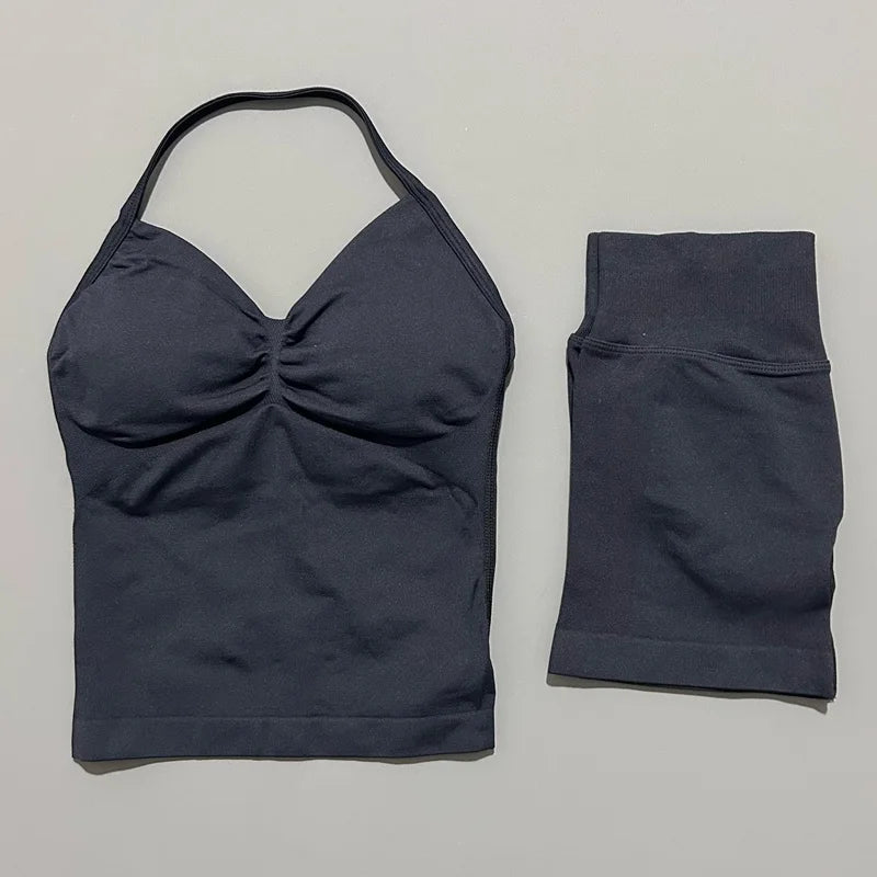 HISTELLO 2 Pieces Sports Set Women Yoga Longline Strap Top Scrunch Seamless Shorts Sport Gym Set Sportswear Workout Fitness Set Quick Pick Grocers