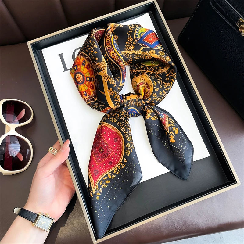 Bohemian Style Print Luxury Brand Silk Square Scarf Women Satin Shawls Neckerchief Wrap Scarves Bandana Hair Hjiab Floral Quick Pick Grocers
