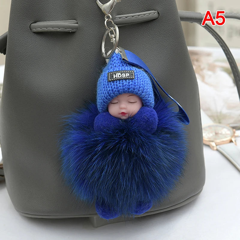 Pompom Sleeping Baby Keychain Cute Fluffy Plush Doll Keyholder Women Girl Bags Keyrings Cars Key Ring Gift Charming Decoration Quick Pick Grocers