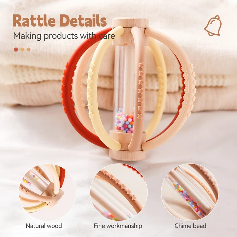 Baby Rattle Toy Wooden Rain Drum With Silicone Baby Sensory Touch Toy Newborn Dental Care Gum Anti-eating Hand Molar Stick Gif Purest Peak
