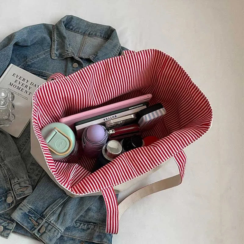 Casual Large Stripe Women's Shoulder Bag 2025 New Fashion Commuter Tote Bag High Capaci Canvas Handbag for Youth bolso mujer Quick Pick Grocers
