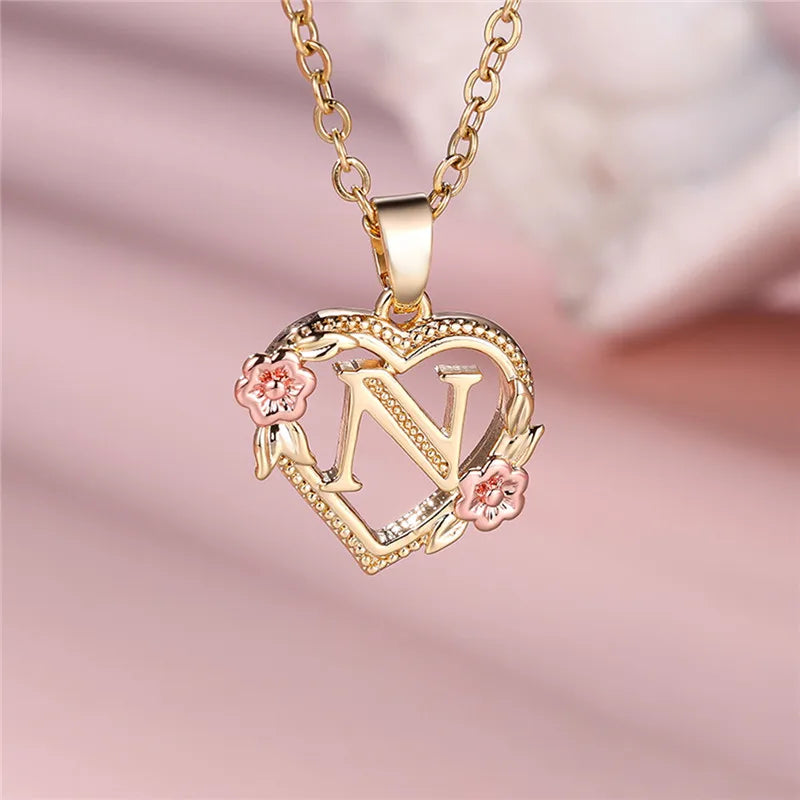 Female A-Z Letter Flower Pendant Necklace Yellow Gold Color Wedding Jewelry Gift For Women Quick Pick Grocers