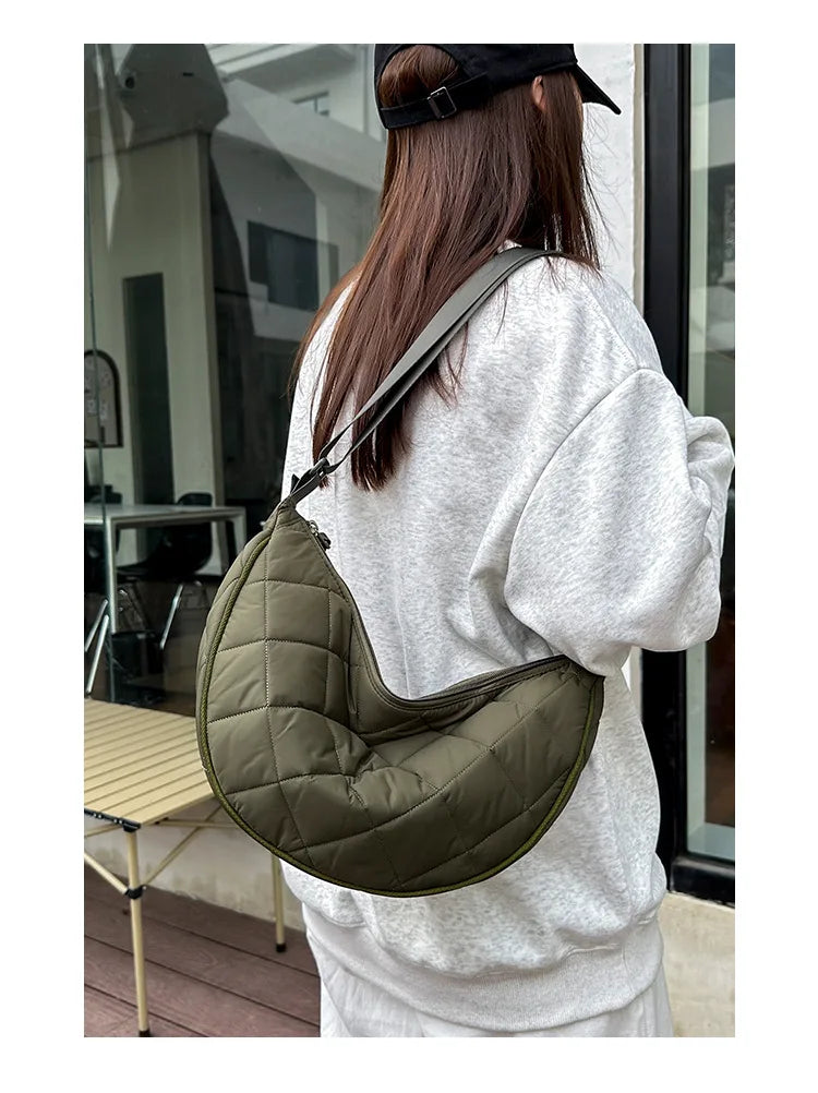 Waist Half Moon Belt Bag Solid Color Crossbody Bag Large Capacity Shoulder Bags Portable Nylon Plaid Travel Bags for Commuting Quick Pick Grocers