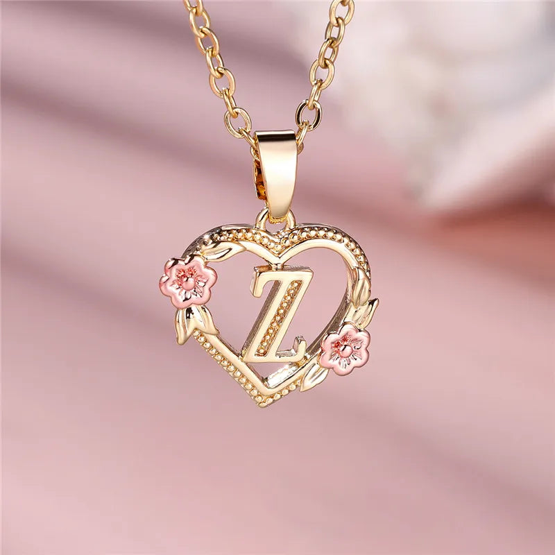 Female A-Z Letter Flower Pendant Necklace Yellow Gold Color Wedding Jewelry Gift For Women Quick Pick Grocers