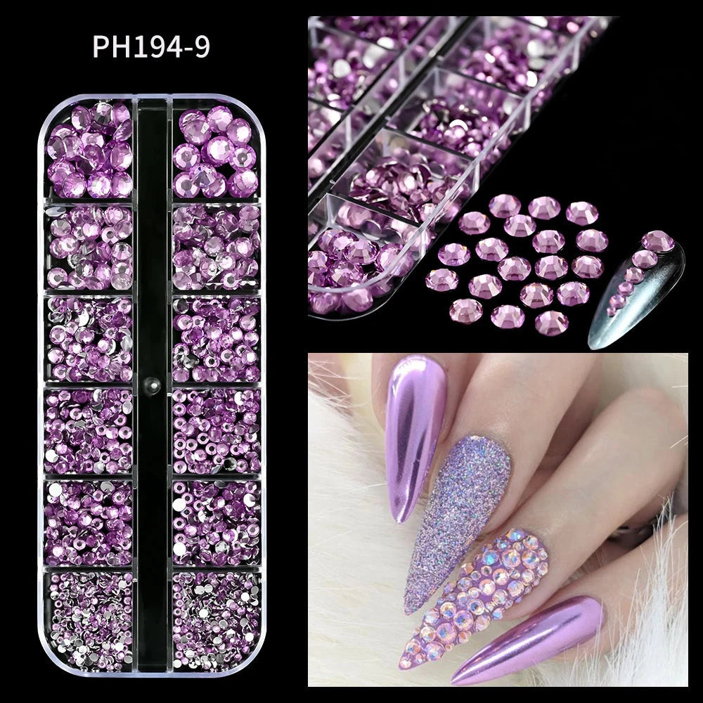 12Grids SS6-SS30 Mixed Nail Rhinestones Shiny Clear/Gold/Pink/Blue Diamond Flat-back Nail Gems Glass Stones Nails Decoration Econic Blanks