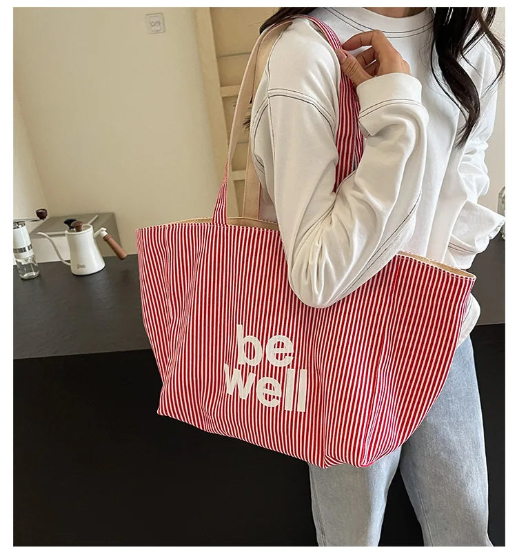 Casual Large Stripe Women's Shoulder Bag 2025 New Fashion Commuter Tote Bag High Capaci Canvas Handbag for Youth bolso mujer Quick Pick Grocers