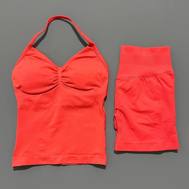 HISTELLO 2 Pieces Sports Set Women Yoga Longline Strap Top Scrunch Seamless Shorts Sport Gym Set Sportswear Workout Fitness Set Quick Pick Grocers