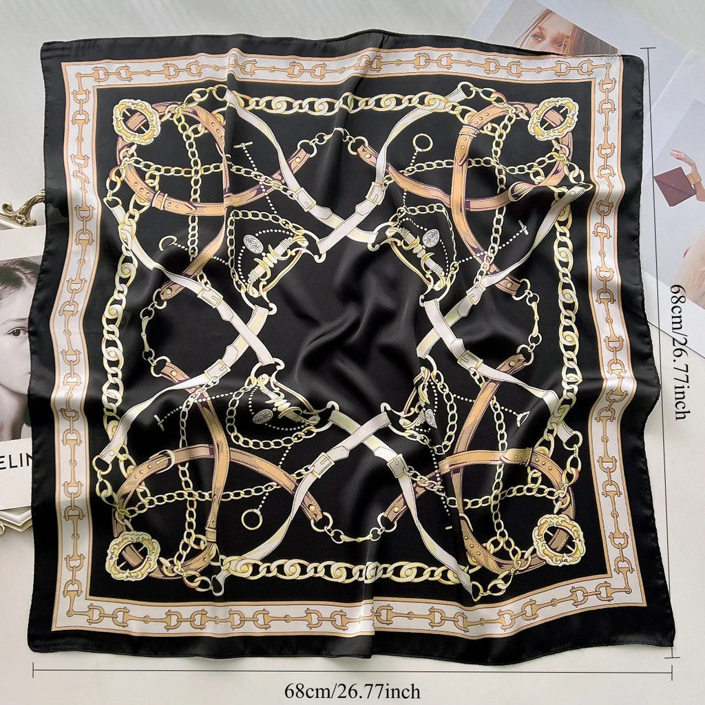 68cm Retro Chain Print Scarf Head Scarfs for Women Luxury Polyester Fiber Thin Scarf Trendy Versatile Neck Gaiter Shawl Hijab Quick Pick Grocers