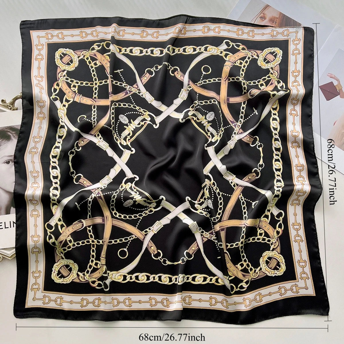 68cm Retro Chain Print Scarf Head Scarfs for Women Luxury Polyester Fiber Thin Scarf Trendy Versatile Neck Gaiter Shawl Hijab Quick Pick Grocers