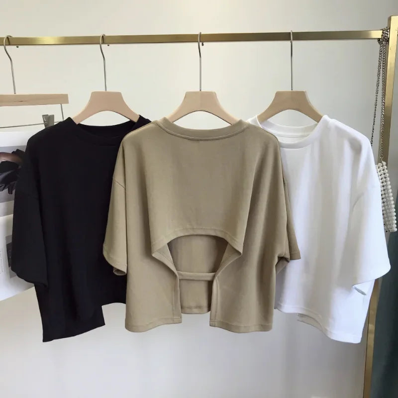 Summer New Ladies Casual Backless T-Shirt 2023 Korean Women Round Neck Loose Sweet Spicy Wind Short-Sleeved Crop Tops Quick Pick Grocers