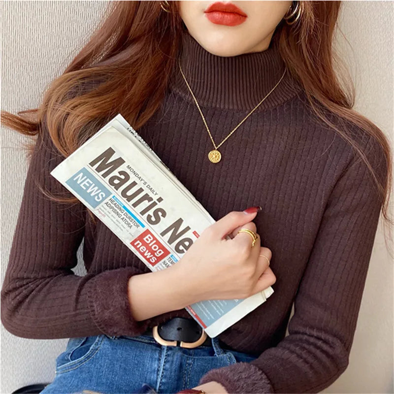 Women's Turtleneck Sweater Winter 2026 Retro with Velvet Lining Thickened Inner Wear Thermal Knitting Bottoming Shirt Pullovers Quick Pick Grocers