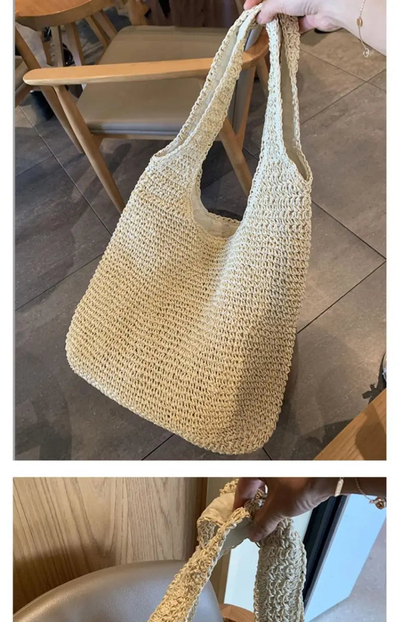 French Style Large Capacity Woven Straw Woven Bag for Women New Beach Vacation Shoulder Bag Casual Commuting Tote Bag Purse Quick Pick Grocers