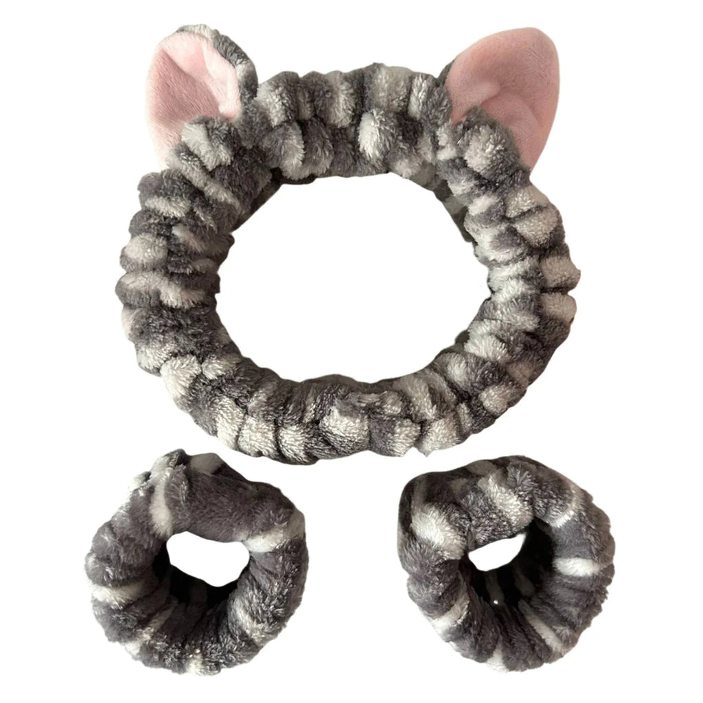 3pcs Wash Face Headband Soft Comfortable Plush Headband Wrist Strap Set For Girls Cartoon Cat Ear Shaped Wash Up Headband Kit Econic Blanks