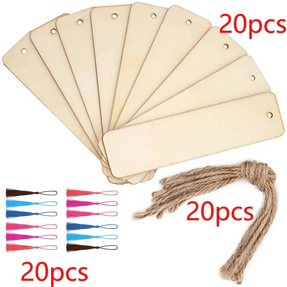 10/20/60Pcs Wood Bookmark Bulk Blank Hanging Label Wooden Bookmarks Sign Unfinished Label Ornaments With Tassel Ropes DIY Crafts Econic Blanks