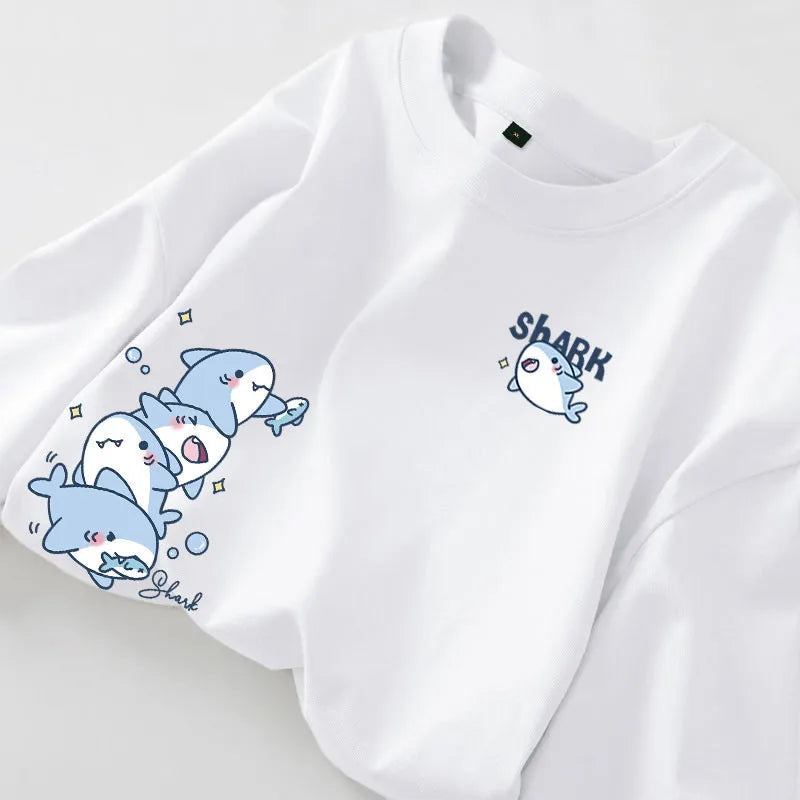 Cartoon Shark Print Simple Casual Loose Versatile Summer Short Sleeved T-shirt Quick Pick Grocers