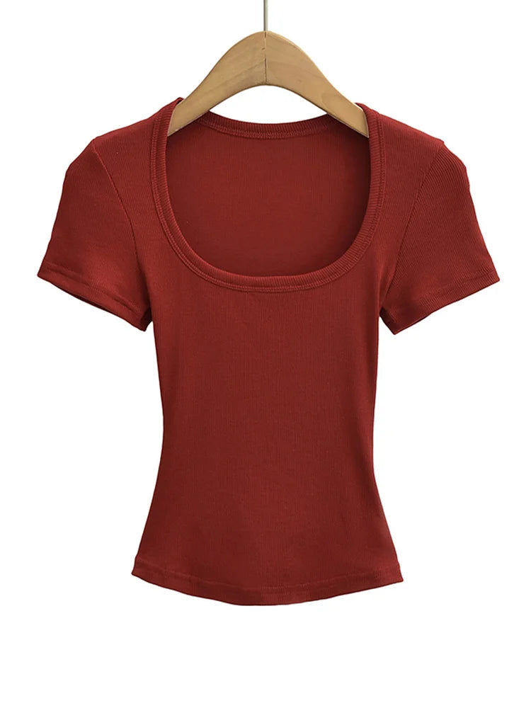 Women's Slim Fit Square Collar Crop Top High Stretch Short Sleeve Pullover Sexy Summer Blouse T-shirt for Bottoming Quick Pick Grocers