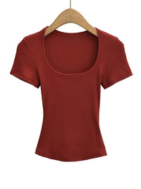 Women's Slim Fit Square Collar Crop Top High Stretch Short Sleeve Pullover Sexy Summer Blouse T-shirt for Bottoming Quick Pick Grocers