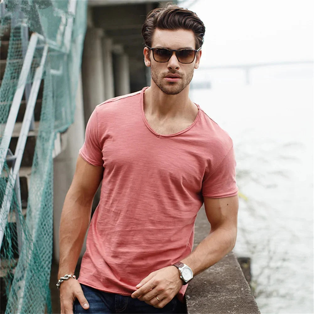 Brand Quality 100% Cotton Men T-shirt V-neck Fashion Design Slim Fit Soild Male Tops Tees Short Sleeve Quick Pick Grocers