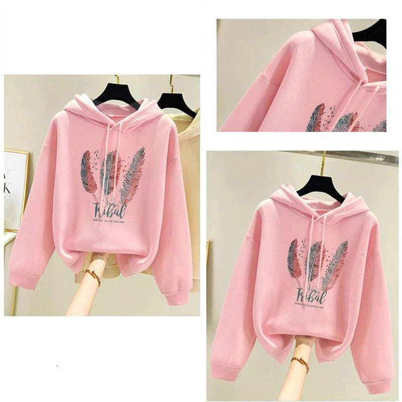 Women Fashion Feather Printed Hoodies Autumn Winter Plus Velvet Casual Loose Sweatshirt Econic Blanks