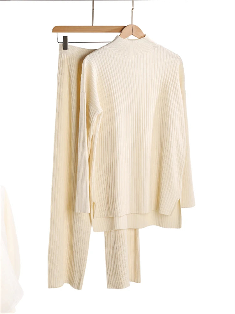 Autumn Winter 2 Pieces Women Sets Knitted Tracksuit Turtleneck Sweater and Straight Jogging Pants Suits Quick Pick Grocers