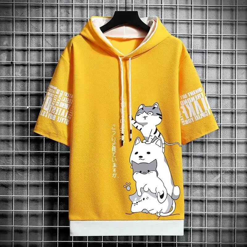 Japan Fashion Men's Hoodies Summer Men Clothing Cartoon Casual Harajuku Streetwear Print Hooded Top Short Sleeve Sweatshirts Men Quick Pick Grocers