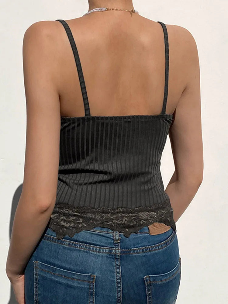 Gothic Basic Bodycon Women Camis Grunge Punk Black Casual Lace Trim Crop Tops Ribbed Backless Alt Clothes Summer Quick Pick Grocers