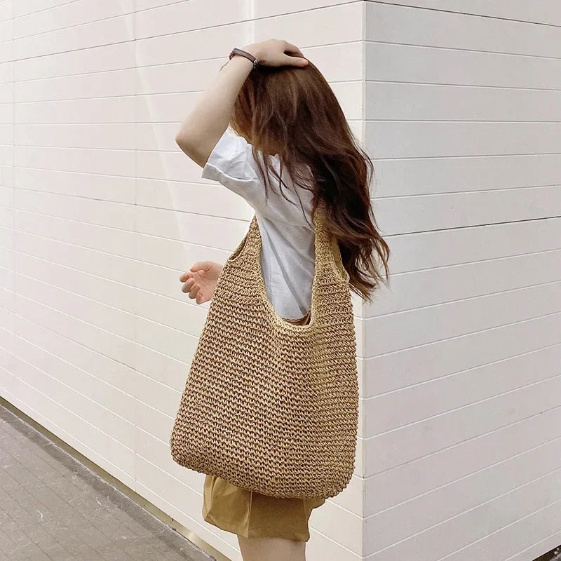 French Style Large Capacity Woven Straw Woven Bag for Women New Beach Vacation Shoulder Bag Casual Commuting Tote Bag Purse Quick Pick Grocers